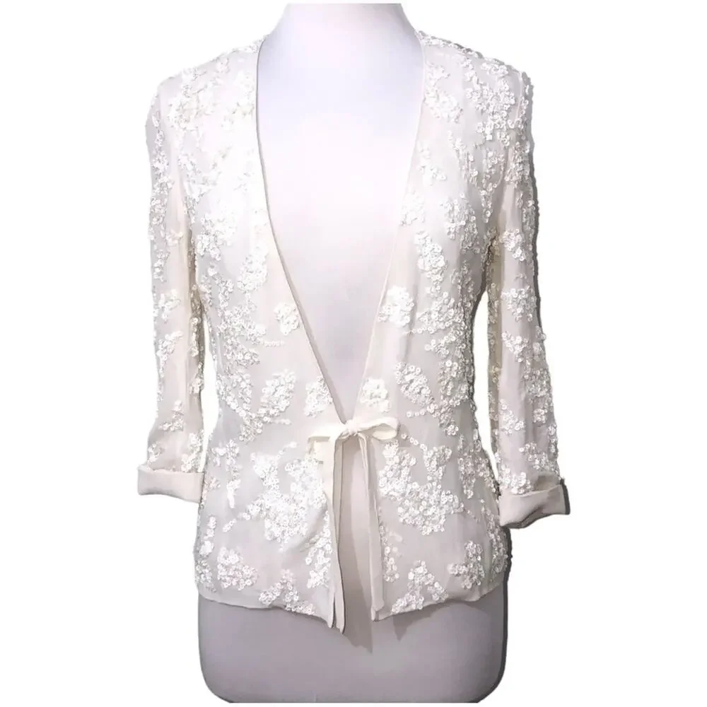 French Connection Mimosa Mist Sequined Tie Front Jacket in Daisy White 4 NWT